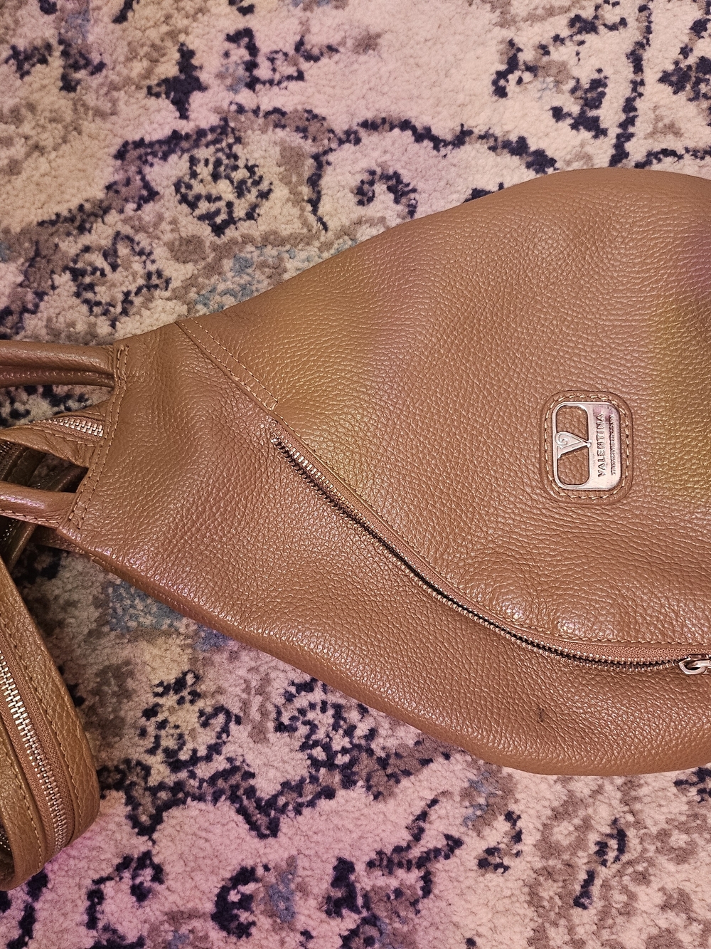 Valentino Brown Pebbled Leather Crossbody Sling Bag with Gold Plaque